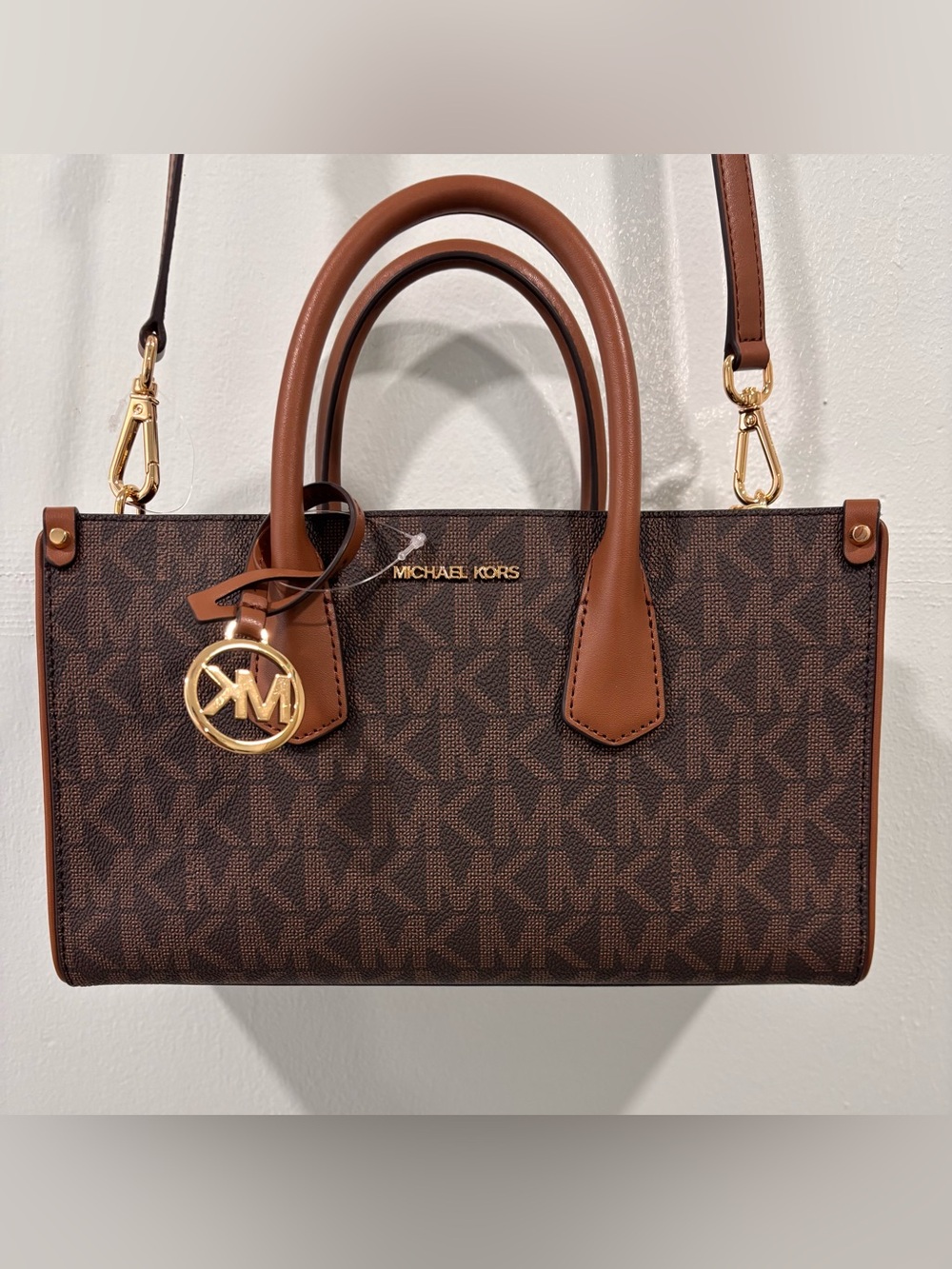 Michael Kors Brown MK Print Satchel with Gold Hardware